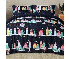 Sleepdown Santa Town Xmas Festive Navy Reversible Duvet Cover Quilt Bedding Set with Pillowcase Soft Easy Care Bed Linen - Single (135cm x 200cm), Multicolor, 5056557512669