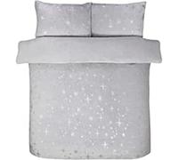 Sleepdown Scattered Stars Foil Fleece Silver Plain Reverse Warm Soft Cosy Duvet Cover Quilt Bedding Set with Pillowcases - King (230cm x 220cm)