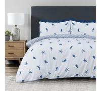 Sleepdown Sea Shore Nautical Waves White Blue Reversible Duvet Cover Quilt Pillow Cases Bedding Set Pipe Edge Soft Easy Care - Super King (220cm x 260cm)