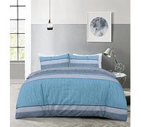 Sleepdown Stripe Geo Abstract Blue Grey Reversible Duvet Cover Quilt Pillow Cases Bedding Set Soft Easy Care - Super King (220cm x 260cm)