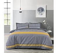 Sleepdown Stripe Geo Abstract Mono Black Grey Ochre Reversible Duvet Cover Quilt Pillow Case Bedding Set Soft Easy Care - Single (135cm x 200cm)