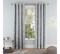 Sleepdown Teddy Fleece Glow in the Dark Super Soft Moon and Stars Eyelet Curtains for Bedroom and Living Room - 66x90 - Grey - 2 Panels