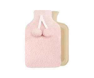 Sleepdown Teddy Fleece Hot Water Bottle and Pom Pom Cover Soft Cosy Fluffy for Neck Back Pain Relief Large 2 Litre - 35 x 23cm - Blush Pink