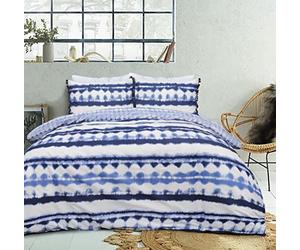 Sleepdown Tie Dye Geo Blue White Reversible Duvet Cover Quilt Tassel Pillow Cases Bedding Set Soft Easy Care - Double (200cm x 200cm)