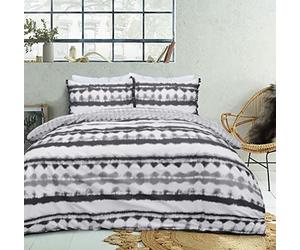 Sleepdown Tie Dye Geo Mono Black White Reversible Duvet Cover Quilt Tassel Pillow Cases Bedding Set Soft Easy Care - Super King (220cm x 260cm)