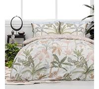 Sleepdown Tropical Leaves Floral Natural Reversible Duvet Cover Quilt Tassel Pillow Cases Bedding Set Soft Easy Care - Super King (220cm x 260cm)