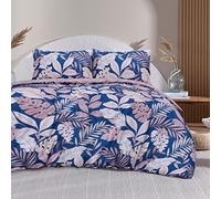 Sleepdown Tropical Palm Tree Floral Blush Pink Navy Reversible Soft Easy Care Duvet Cover Quilt Bedding Set with Pillowcases - Double (200cm x 200cm)
