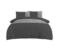 Sleepdown Velvet Cuff Charcoal Grey Panel Band Luxury Soft Cosy Duvet Cover Quilt Bedding Set with Pillowcases - Double (200 cm x 200 cm)