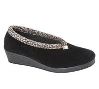 Sleepers Dawn Slippers: Textile Upper, Leopard Print, Round Toe, Black, 6 UK