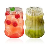 SLEEPICK 2 Pcs Vintage Drinking Glasses Ribbed Glassware, 500ml Matcha Iced Coffee Cup Rustic Vintage Durable and Stylish Juice Clear Glass Cups for Everyday Use Creative (Cloud(Striped + Flat))