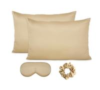 Sleeping Accessory for Women, 4 Pack Silk Satin Pillowcase & Scrunchie & Adjustable Eye Mask for Sleeping, Cooling Silk Pillow Cases Set, Silky Fabric for Hair & Skin Care (Champagne,20 * 30in)