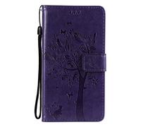 Sleeping bear)Leather Wallet Phone Case Fit For Apple iPhone 13, Pet Cat and Tree Butterfly Pattern Portable Stand Flip Protection Cover Phone Holster+Stylus-Purple