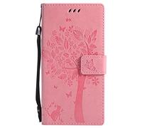 (Sleeping bear) Leather Wallet Phone Case Fit For HUAWEI MATE 10 Pro, Pet Cat and Tree Butterfly Pattern Portable Stand Flip Protection Cover Phone Holster+Stylus-Pink