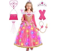 Sleeping Beauty Costume Girls, Princess Aurora Costume, Children, Sleeping Beauty Dress, Fancy Dress Costume, Pink Dress for Carnival, Birthday with Accessories, Wig, Handbag, Crown, Wand G085-XL