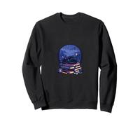 Sleeping Black Cat Stack Of Books Rainy Night Sweatshirt