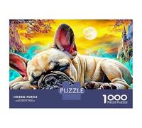 Sleeping Bulldog 1000 Piece Jigsaw Puzzle for Kids And Adults Bulldog Sleeping Under Moon Colourful Jigsaws Challenge Games Fun Present & Activity 38x26cm/1000pcs