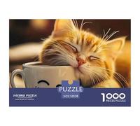 Sleeping Cat Coffee Puzzles for Adults Gifts 1000 Pc - Orange Tabby Cat Napping on Smiley Mug Jigsaw Puzzle Fun Present & Activity for Home Wall Decor52x38cm/1000pcs
