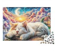 Sleeping Cat Dream 1,000 Piece Jigsaw Puzzle for Adults White Cat Napping Under Crescent Moon Premium Thick Sturdy Challenging Stress Relief Family Game 52x38cm/1000pcs