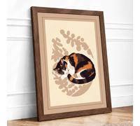 Sleeping Cat in Sage Boho Framed Wall Art Print A2 (59.4×42cm) Walnut, Wall Decor for Living Room, Bedroom, Office & Home, Ready to Hang, Art Gift