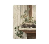 Sleeping Cat Lies on Antique Table Tin Metal Signs Wall Art Decorations for Bar Pub Club Cafe Room Farmhouse White 30x20cm