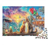 Sleeping Cat Scene 1000 Pieces Jigsaw Puzzles for Adults Teens Two Cats by Sea Sunset Sustainable | Challenging Game & Gift 70x50cm/1000pcs