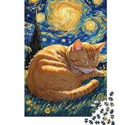 Sleeping Cat Starry Night 1000 Piece Sturdy Cardboard Classic Jigsaw Puzzle Teen Fans 12-18 Stress Relief Wall Decoration 38x26cm/1000pcs