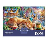 Sleeping Cat & Winter Village 1000-Piece Jigsaws for Adults Fun, Challenging Home Decoration Colorful DIY Art Wall Decor Modern Living Room 52x38cm/1000pcs
