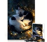 Sleeping Cats Surrounded by Stars Jigsaw Puzzles for Teenagers 1000 Pieces Mind Puzzle Peaceful Fun Art Assembly Lovely Gift 38x26cm