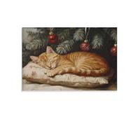 Sleeping Cute Orange Cat Under A Christmas Tree Wall Art Paintings Canvas Prints Poster Artwork for Living Room Bedroom Bathroom Office Home Decor 16x24inch(40x60cm)