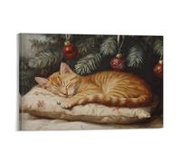 Sleeping Cute Orange Cat Under A Christmas Tree Wall Art Paintings Canvas Prints Poster Artwork for Living Room Bedroom Bathroom Office Home Decor 12x18inch(30x45cm)