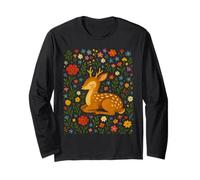 Sleeping Deer Among Colorful Flowers Folk Art Illustration Long Sleeve T-Shirt