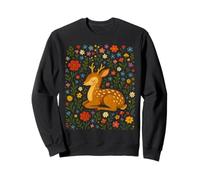 Sleeping Deer among Colorful Flowers Folk Art Illustration Sweatshirt