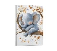 Sleeping Elephant Nursery Wall Art Peaceful Baby Elephant Resting on Tree Watercolor Jungle Animal Print for Calm Baby Room Toddler Bedtime Space Or Soothing Wall Decor Gift 12x18inch(30x45cm) Frame