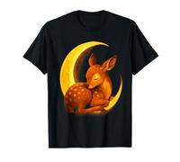 Sleeping Fawn Under Crescent Moon Cozy Woodland Night Art T-Shirt