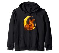 Sleeping Fawn Under Crescent Moon Cozy Woodland Night Art Zip Hoodie