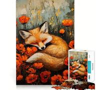 Sleeping Fox in Poppy Field Painting for Adults 1000 Piece Jigsaw Puzzle Mind Puzzle Relaxing Fun Image Assembly Warm Surprise 38x26cm