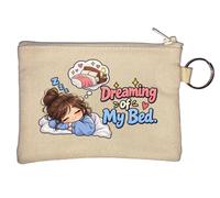 Sleeping Girl Dreaming of Cozy Bed Key Chain Coin Purse Beige