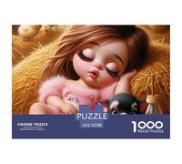 Sleeping Girl Pig Chick Educational Game Challenge 1000 Piece Puzzle for Adults -Little Girl Sleeping on Hay with Puppy And Chicks Decompression Fun Present for Home52x38cm/1000pcs