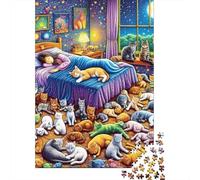 Sleeping Girl Room1000 Pieces Cardboard Bedroom Cats Jigsaw Puzzle Set Adults Kids Age 12+ Challenging Game Concentration Training 38x26cm/1000pcs