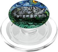 Sleeping Gray Tabby Cat Starry Night Art by Aja PopSockets PopGrip for MagSafe