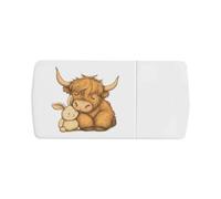 'Sleeping Highland Cow Cuddling with Bunny Toy' Pill Box with Tablet Splitter (PI00034195)