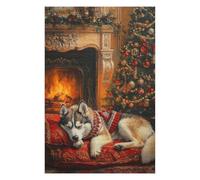 Sleeping Husky Dog by Fireplace Christmas Scene Artistic Jigsaw Puzzle for Adults, 1000 PCS