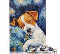 Sleeping Jack Russel Terrier Starry Night 500 Pieces Wooden Jigsaw Puzzles Unique Puzzle Creative Jigsaw Puzzles Gift for Adults,Family Game Challenge Activity 500pcs (52x38cm)