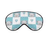 Sleeping Mask Cute Cartoon Teddy Bears Sleep Eye Mask Blindfold with Adjustable Strap White and Blue Checked Soft Eye Cover for BlockingLights