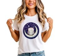 Sleeping Owl Moon Stars Womens Graphic T-Shirt Owls Celestial Animal Tee Large White