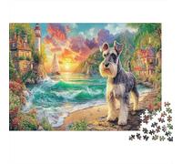 Sleeping Puppy Sturdy Paper Miniature Schnauzer on Beach at Sunrise Jigsaw Puzzle Stress Relief Home Decor 38x26cm/1000pcs
