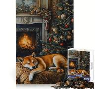 Sleeping Shiba Inu Christmas Fireplace Jigsaw Puzzle for Teenagers 1000 Pieces Fine Logic Toy Calm Pastime Neat Edge Art Collection Piece 38x52cm