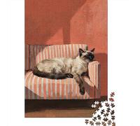 Sleeping Siamese Cat on Striped Couch 1000 Piece Puzzle for Relaxing Family Time, 70x50cm/1000pcs