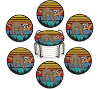 Sleeping Sloth 6Pack Ceramic Drink Coasters,Quick-Absorb Stone Coasters with Anti-Slip Cork Backing & Metal Holder, Table Protectors for Kitchen Bar