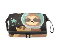 Sleeping Sloth Astronaut Holding Star on Space Double Layer Cosmetic Bag for Women and Girls, Travel Toiletry Bag Makeup Handy Pouch Organiser Bag with Brush Compartment